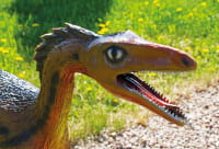 Mały dinozaur z chudą głową i otwartą paszczą